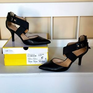 Liz Claiborne Keegan Size 6.5 Black Double Strap Gold Back Zip Up Heel